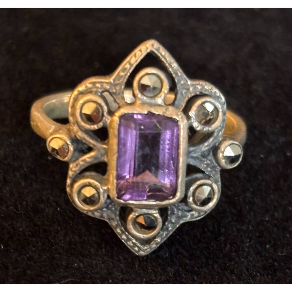 Vintage Art Deco Sterling Silver Amethyst & Marcasite Statement Ring Sz 8